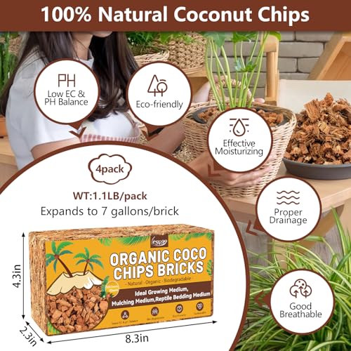 4 Pack Coco Chips for Plants- 4.4lb Organic Coconut Husk Potting Mix | Coconut Mulch Coco Husk Chips for Garden, Potted Plants, Orchid Repotting Soil Mix, High Expansion & Moisture Retention - size: 4 Pack