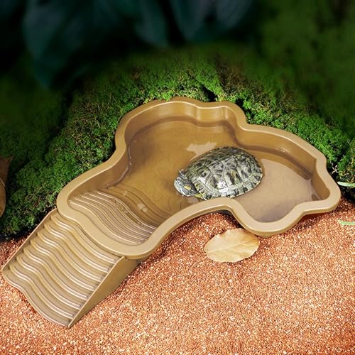 Turtle Water Pool Aquarium Ornament | Turtle Soaking Tub with Ladder Turtle Pool Scenery for Gecko, Turtle, Bearded Dragon, Aquatic Climbing Pet, Amphibians - color: Brown