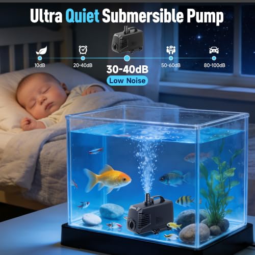 880GPH Submersible Water Pump, Water Fountain (85W 3200L/H) with 10.5FT High Lift Adjustable & 3 Nozzles & 16.4FT Cord, Ultra Quiet Aquarium Pump for Pond Fountain Waterfall Hydroponics-Q105 - size: 880GPH