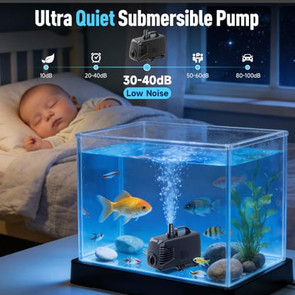 880GPH Submersible Water Pump, Water Fountain (85W 3200L/H) with 10.5FT High Lift Adjustable & 3 Nozzles & 16.4FT Cord, Ultra Quiet Aquarium Pump for Pond Fountain Waterfall Hydroponics-Q105 - size: 880GPH