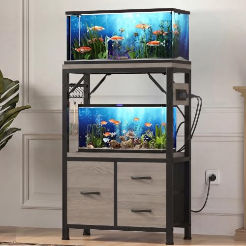 Heybly 5-10Gal Fish Tank Stand with Drawer, Power Outlet,200lbs HAS002SSG-1 | Aquarium Stand,Heavy Duty Metal Frame for Fish Tank, Turtle & Reptile Terrarium, 20.5" × 10.2" Top, Rustic Gray - color: Greige, size: 5-10 gal