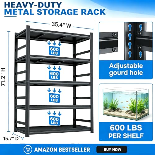 Aquarium Stand Fish Tank Stand 1500LBS Metal Shelving Adjustable Heavy Duty Storage Shelves Display Shelves Utility Shelf for Turtle Tank, Reptile Terrarium, 72" H×35.75" W×15.75" D, Black - size: 72" H×35.75" W×15.75" D