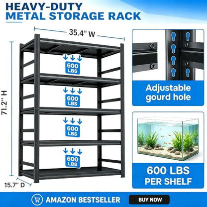 Aquarium Stand Fish Tank Stand 1500LBS Metal Shelving Adjustable Heavy Duty Storage Shelves Display Shelves Utility Shelf for Turtle Tank, Reptile Terrarium, 72" H×35.75" W×15.75" D, Black - size: 72" H×35.75" W×15.75" D