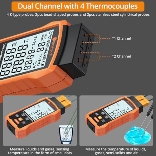 Neoteck Dual Channel Thermocouple Thermometer -50~700℃ with 4 K-Type Probes | High-precision Thermocouple Reader Data Storage and Retrieval Widely Used in HVAC, Automobile,Electrical Maintenance etc.