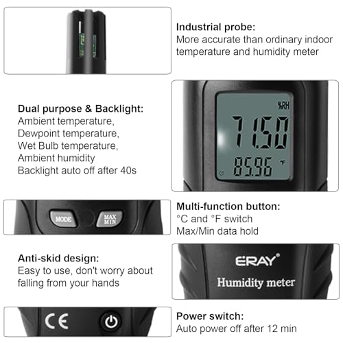 ERAY Digital Psychrometer Thermometer Hygrometer with Backlight | Temperature and Humidity Reader Meter Thermo-Hygrometer with Dew Point and Wet Bulb Temperature, 9V Battery Included(Black) - color: Black