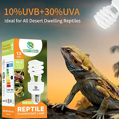 UVB Reptile Light 10.0, 13W Desert UVA UVB Bulb for Reptiles, Compact Desert Terrarium Lamp, Reptile UVB Light Bulb for Bearded Dragon, Lizard, Tortoise, Snake, Gecko - size: 10.0-13
