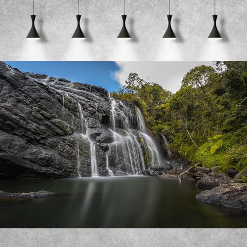 Waterfall Aquarium Background Jungle Rainforest Natural Landscape Fish Tank Background Tranquil Lake Blue Sky Terrarium Background Splendid Falls Scenery Aquarium Tank Wallpaper Poster 24x12in - color: Rock Light Green, size: 24(W)x12(H)in