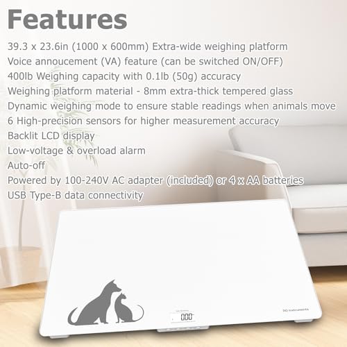 Digital Weighing Scale for Large Dogs Cats, Vet Scale, Scale for Animals Pets, 400lb x 0.1lb, Veterinary Scale, Extra Large 39 x 23 in, for Labrador Golden Retriever German Shepherd, Tempered Glass