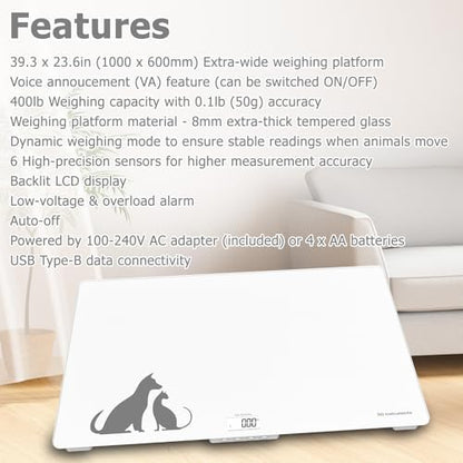 Digital Weighing Scale for Large Dogs Cats, Vet Scale, Scale for Animals Pets, 400lb x 0.1lb, Veterinary Scale, Extra Large 39 x 23 in, for Labrador Golden Retriever German Shepherd, Tempered Glass