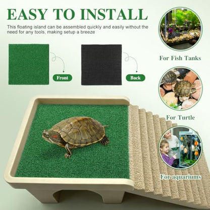 Toddmomy Turtle Basking Platform, Artificial Grass Mat for Aquarium, Square Floating Dock with Ramp for Aquatic Turtles, Reptile Resting Terrace and Tank Landscaping Accessories (9.8" x 9.8")