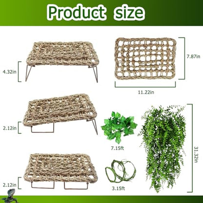 QWR Bearded Dragon Tank Accessories, Reptile Hammock Basking Platform - Jungle Climbing Vines and Leaves Bed Habitat Décor for Snake Gecko Lizard Chameleon Hiding& Climbing.