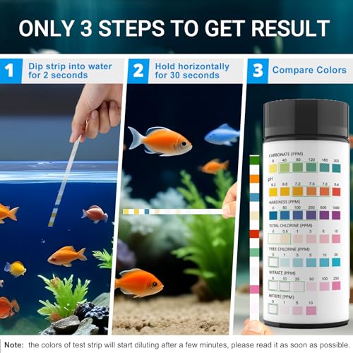 7IN1 Aquarium Test Strips - 50 Strips Aquarium Test Kit Fish Tank Test Kit Quick&Accurate Testing Freshwater&Saltwater Nitrate Nitrite Hardness Free Chlorine pH Carbonate Total Alkalinity