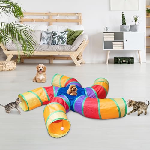 Depets Cat Tunnel for Indoor Cats, Large Collapsible Cat Tube Toys, 5-Way | Pet Play Tunnel with Interactive Peephole & Play Ball, S-Shaped, for Kittens Puppies Rabbits Indoor Exercise, Polyester