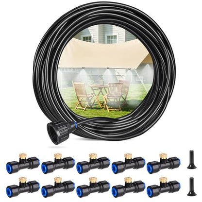 HIRALIY DIY Misters for Outside Patio, 32.8FT (10M) Misting Hose, 10 Brass Mist Nozzles, 2 Plugs, Water Misters for Backyard, Porch, Patio Cooling, Garden Watering and Chicken Coop