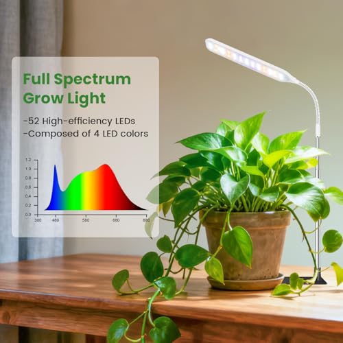 Small Grow Lights for Indoor Plants with Base, Full Spectrum | 52 Red/Blue/White LEDs, Gooseneck, 6.5-26in Height, Timer & Dimming, with Base or Stake, for Small Plants, White, 1 Pack - size: 1 Pack