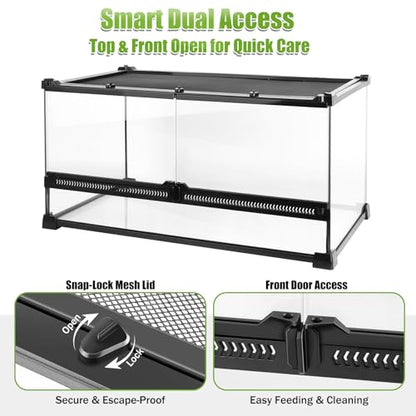 10 Gallon Reptile Enclosure Terrarium, 20“ x 12" x 10” | Front Opening Glass Reptile Tank, Waterproof Rainforest Terrarium for Geckos, Frogs, Small Lizards, Corn Snakes - size: 20" x 12" x 10"