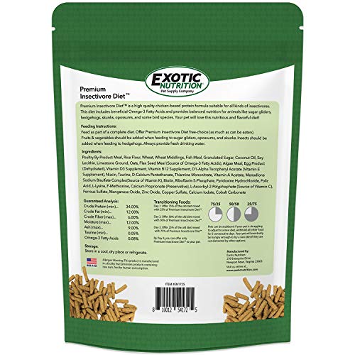 Premium Insectivore Diet (1.25lb) - Healthy Nutritious Chicken Based High Protein Pellet Diet - for Sugar Gliders, Hedgehogs, Opossums, Skunks & Other Insectivores - size: 1.25 Pound (Pack of 1)