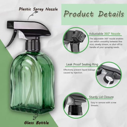 Green Glass Plant Mister Spray Bottles 2Pcs 13.5oz Refillable 360° Nozzle | 2Pcs 13.5oz Green Glass Plant Mister, 360° Fine Mist Nozzle, Refillable for Indoor Plants Cleaning Hair Pet Care - color: Green-1