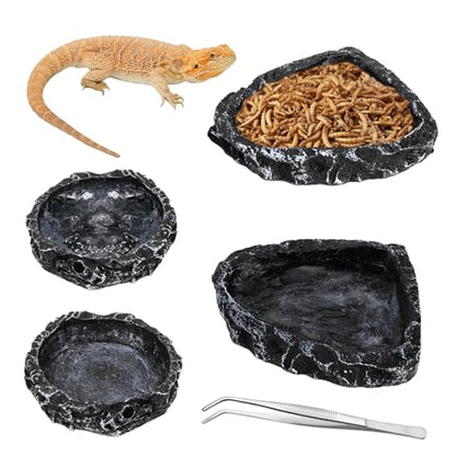 Frcctre 4 Pack Reptile Food Dish with Feeding Tongs, Resin Reptile Water Dish Food Bowl Feeding Terrarium Bowl for Leopard Gecko Lizard Tortoise Frog Bearded Dragon Chameleon