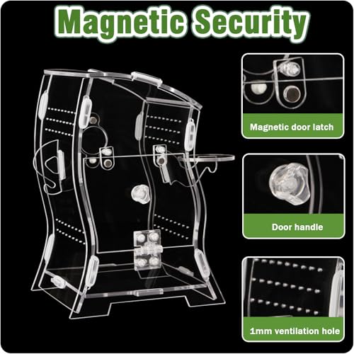 Jumping Spider Enclosure Kit (Clear or Black), 3.15x3.15x5.6 Inch Acrylic Terrarium with Magnetic Lock & Feeding Hole, Escape-Proof Mini Habitat for Tarantula, Mantis, Reptiles (Transparent Color-2)