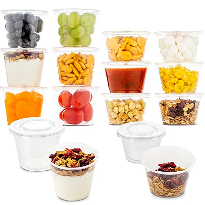 DuraHome Plastic Portion Cups with Lids 4 oz. & 5.5oz. Combo Pack of 150 Leakproof Jello Cup Mini Containers for Salad Dressing Sauce Condiment Snack Souffle and Salsa, Disposable, Interchangeable - style: 150 sets - 4oz. & 5.5oz.