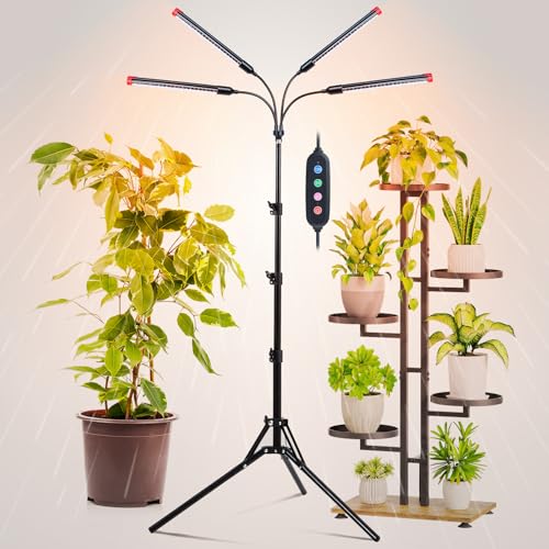 4Head Grow Light with Stand for Tall Indoor Plants, Bonsai Tree, Bright Full Spectrum Plant Growing Lamps, 4/8/12/16/20H Timer, 36 Watt Power Draw, NO Need Adapter, 360° Gooseneck - size: Stand-4Head-36W
