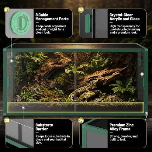 120 Gallon Reptile Tank, 4x2x2 Reptile Enclosure for Bearded Dragon, Snake, Ball Python & Chameleon, Aluminum Alloy Reptile Terrariums Cage with Front Sliding Tempered Glass Doors (Green) - color: Green