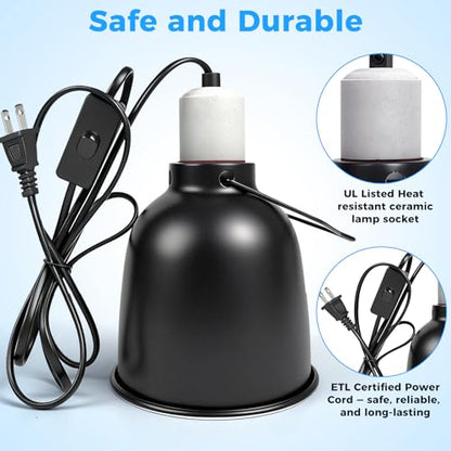 5.5 Inch Reptile Deep Dome Light Fixture - UVB Heat Lamp Holder with Ceramic Socket for Bearded Dragons, Geckos, Turtles - Hanging Hook Design with Safety Switch for Terrarium Lighting