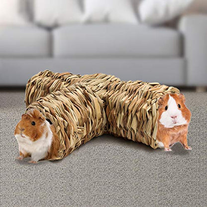 BWOGUE Hamster Grass Tunnel Toy, Guinea Pig Grass Tunnel, 4-Way Hideaway | Natural Grass for Chewing, 4 Entrances, No Nails or Staples, 14.1 x 4.3 in, Grass Hide for Hamsters, Hedgehog & Ferrets