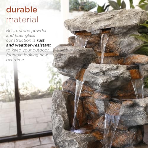 Alpine Corporation WIN730 Outdoor Floor Tiered Rock Waterfall Fountain with LED Lights and Natural Stone Look, 52", Brown - style: 5-Tier 52" H - Cool White LEDs
