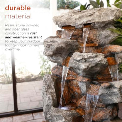 Alpine Corporation WIN730 Outdoor Floor Tiered Rock Waterfall Fountain with LED Lights and Natural Stone Look, 52", Brown - style: 5-Tier 52" H - Cool White LEDs