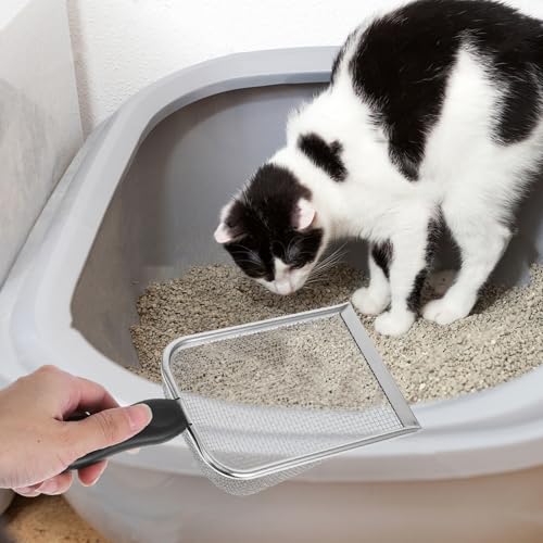 VANZACK Metal Cat Litter Scoop with Plastic Handle, Stainless Steel Mesh Sand Waste Shovel 2.8x2.8mm for Reptile Terrarium and Cat Litter Box Cleaning