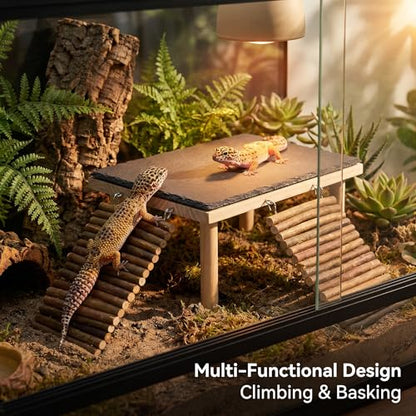Bearded Dragon Basking Platform, Natural Slate Reptile Basking Rock with Wooden Climbing Ramp, Terrarium Habitat Decor for Lizard, Leopard Gecko, Tortoise, Snake