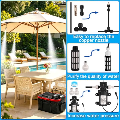 Misting System, Portable Misting System | with 20FT/6M Hose, 20L Water Bucket, Water Pump, Filter, Nozzles for Outside Patio Cooling, Canopy, Umbrella, Camping
