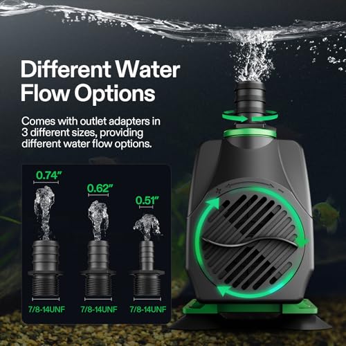 VIVOSUN 800GPH Submersible Fountain Water Pump for Pond, Aquarium, Statuary | 3000L/H, 50W, Ultra Quiet Water Pump with 10ft. High Lift and 6.5ft. Power Cord, 3 Nozzles for Hydroponics, Green - size: 7"×5"-800