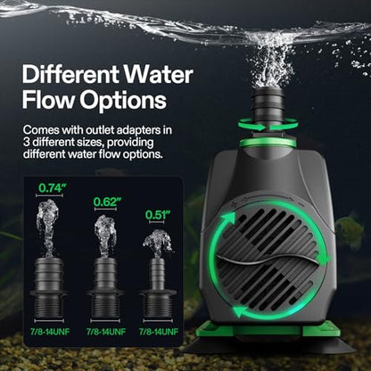 VIVOSUN 800GPH Submersible Fountain Water Pump for Pond, Aquarium, Statuary | 3000L/H, 50W, Ultra Quiet Water Pump with 10ft. High Lift and 6.5ft. Power Cord, 3 Nozzles for Hydroponics, Green - size: 7"×5"-800