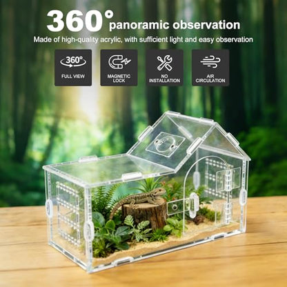 Mini Reptile Terrarium, Magnetic Acrylic Enclosure with Mushroom House Easy-Feed Hole & Front Opening for Bearded Dragon & Leopard Print Palace Guard Habitat (Reptile Terrarium A)