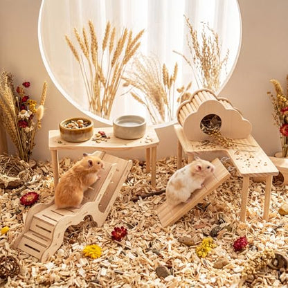 BreezeHug 4 Pcs Hamster Cage Accessories Hamster Platform Hideout Wooden Tunnel Ladder Playhouse Game Climbing Toy with Platform for Pets Dwarf Syrian Mice Degus Gerbils Squirrel(L-Shaped) - style: L-shaped