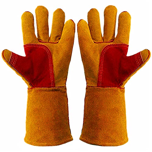 Bite Proof Glove Animal Handling Gloves (1Pair) Leather 14 inch Cowhide Reinforced Padding Palm Gardening Work for Dog Cat Scratch (Brown)
