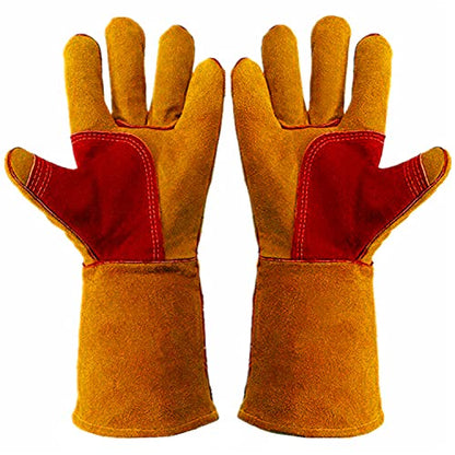 Bite Proof Glove Animal Handling Gloves (1Pair) Leather 14 inch Cowhide Reinforced Padding Palm Gardening Work for Dog Cat Scratch (Brown)