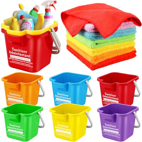 Vesici 6 Sets 3 Quart Cleaning Bucket with Microfiber Cleaning Cloths Small Sanitizing Square Bucket Detergent Plastic Utility Pail with Handle for Household Restaurant Office School Use (Colorful) - color: Colorful