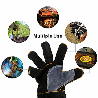 Extreme Heat & Fire Resistant Gloves Leather with Kevlar Stitching,Mitts Perfect for Fireplace, Stove, Oven, Grill, Welding, BBQ, Mig, Pot Holder, Animal Handling