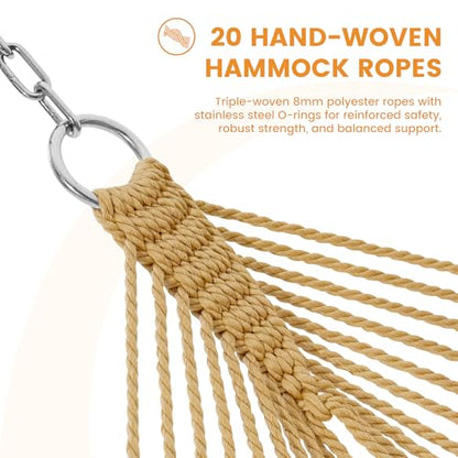 Lazy Daze Hammocks 13 FT Extra Large 2+ Person Caribbean Rope Hammock, Hand Woven Polyester XL Hammock with Spreader Bars, for Outside Outdoor Backyard Patio Poolside, 500 LBS Capacity, Tan - color: Tan