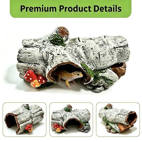 Reptile Hide Cave, Resin Hollow Tree Trunk Hideout, Terrarium Habitat Shelter Tank Accessories Decor for Snake, Leopard Gecko, Bearded Dragon, Tarantula, Aquarium Fish Tank Ornament