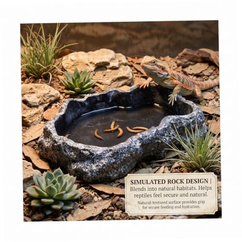Reptile Water Dish with Natural Rock Texture, 600ml Tortoise Water Bowl for Amphibians & Reptiles, Black, 8.9x6.50x1.77 Inch. - color: Black