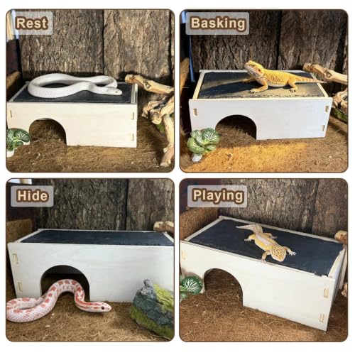 Bearded Dragon Basking Platform,Wooden Reptile Hides Cave with Basking Rock | Crested Gecko Hideout with Slate Rock Tank Accessories for Lizard Snake Tortoise