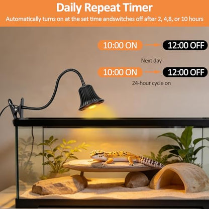 Reptile Heat Lamp, Heating Lamp for Reptiles with UVA UVB,2H,4H,8H,10H Cycle Timing&Stepless Dimming Adjustment Basking Light for Turtle, Bearded Dragon, Lizard and More, 2 Bulbs