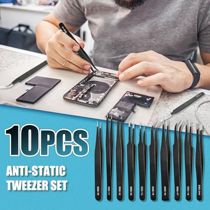 10Pcs Precision Tweezers Set, Upgraded Anti-Static Stainless Steel Tweezers with Storage Box, for Craft, Electronics, Jewelry-Making, Laboratory Work, Soldering, DIY