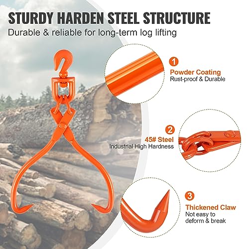 VEVOR Log Skidding Tongs, 18 inch 2 Claw Log Lifting Tongs, Heavy Duty Rotating Steel Lumber Skidding Tongs, 772 lbs/350 kg Loading Capacity, Log Lifting, Handling, Dragging & Carrying Tool - style: 18in-Swivel