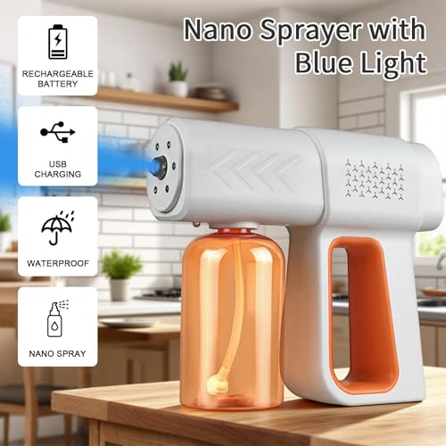 Professional Fogger Machine, 380ml Wireless Nano Sprayer Gun | Rechargeable ULV Atomizer with Blue Light for Touchless Cleaning - color: Orange